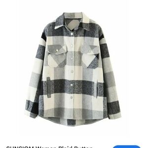Women Plaid Button Down Jacket Long Sleeve Loose Coat Shacket Black White Grey
